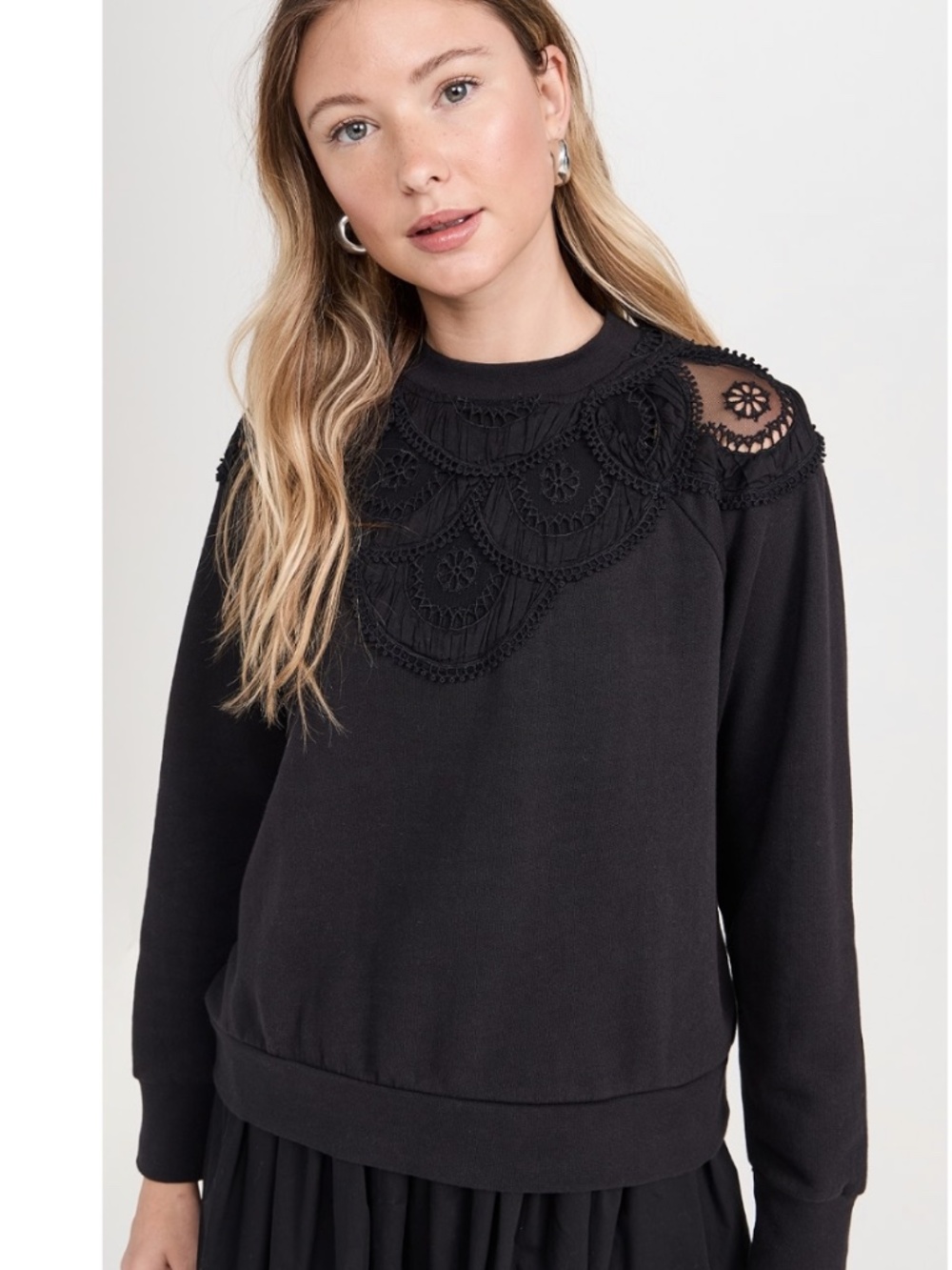 Sea New York Drea Embroidery Lace Yoke Sweatshirt Black XS NWT